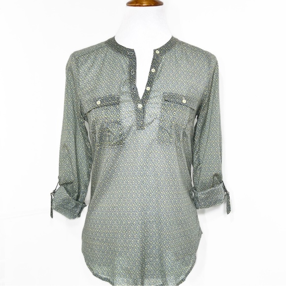 Anthropopogie Blue & Yellow Ikat Geometric Diamond Printed Roll Tab Sleeve Tunic - Picture 10 of 12